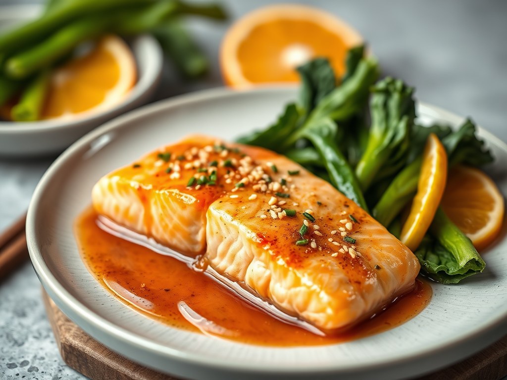 Zalm met Sinaasappel Saus uit de Oven, AI-gegenereerde illustratie