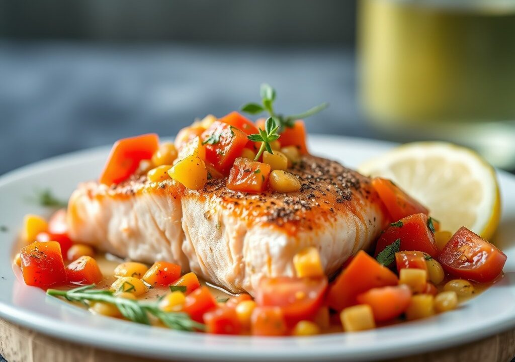 Zalm met Tomaten-Mais Salsa — AI-gegenereerde illustratie