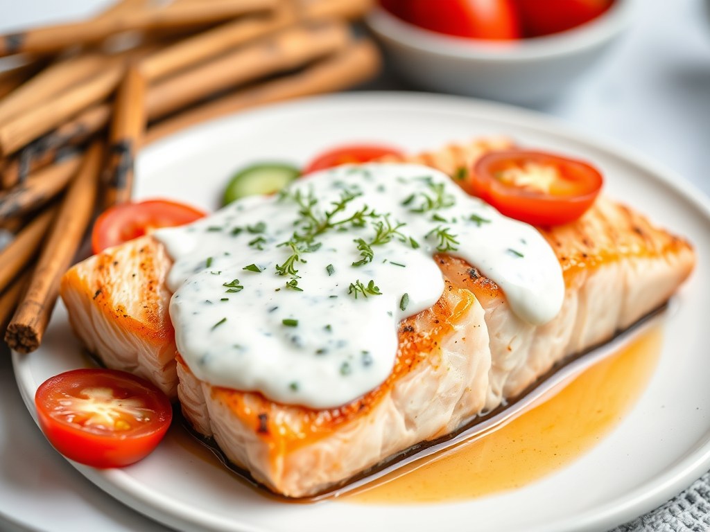 Zalm met tzaziki, AI-gegenereerde illustratie