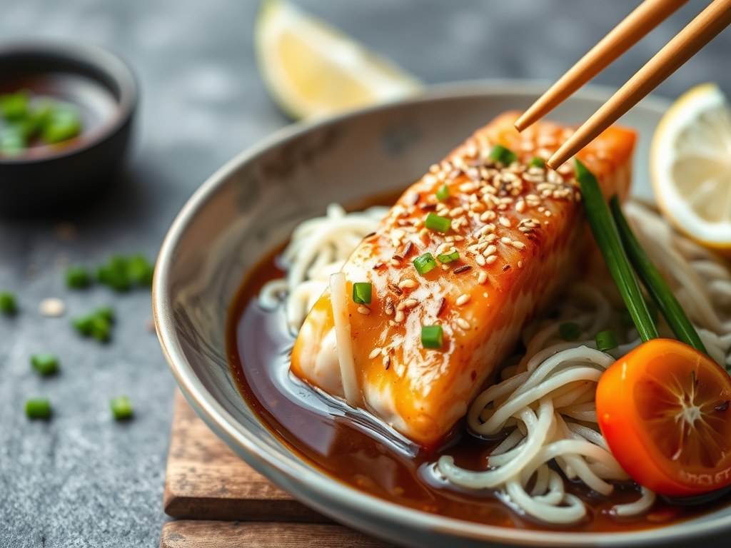 Zalm uit de Soja Saus met Gember en Hete Sesam Olie, AI-gegenereerde illustratie