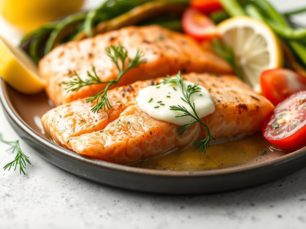 Zalm uit Sinaasappelsap met Citroen-Dille-Boter, AI-gegenereerde illustratie