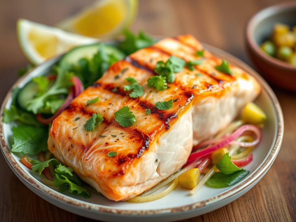 Zalm van de Grill met Groene Mango Salade, AI-gegenereerde illustratie