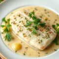 Zalmfilet in mosterd-witte wijnsaus met dille, dragon & peterselie