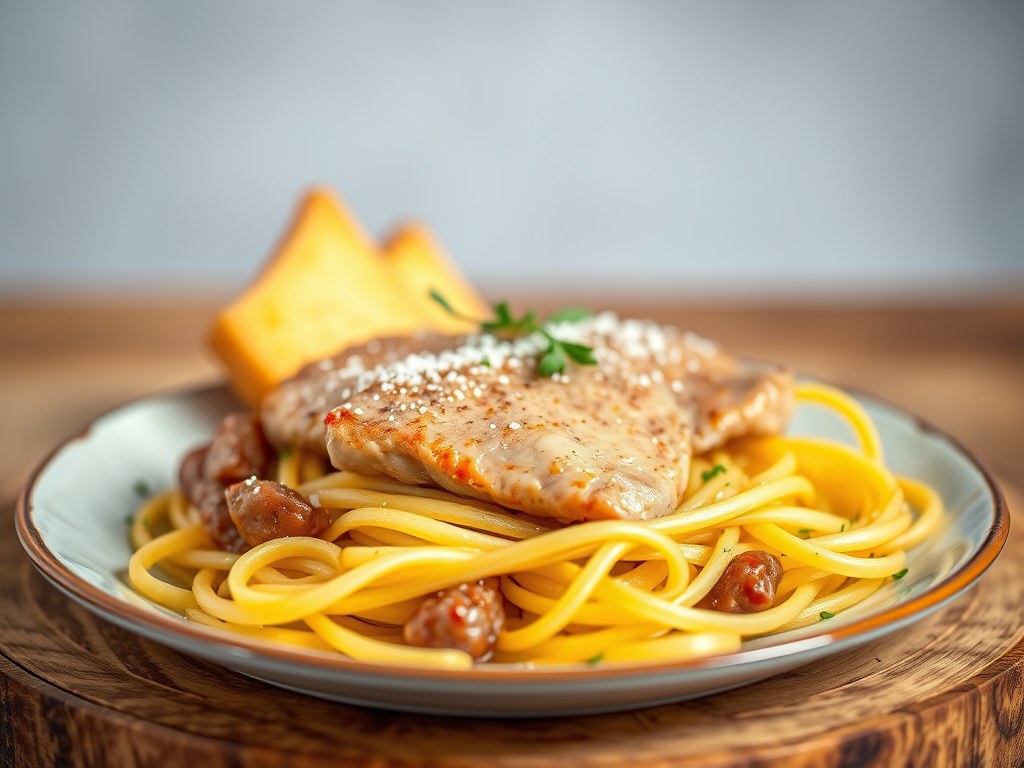Zalmfilet met bladspinazie en tagliatelle, AI-gegenereerde illustratie
