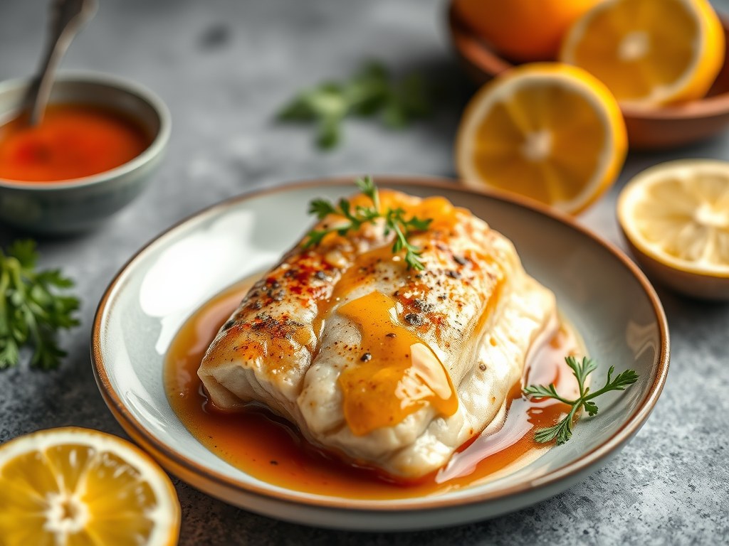 Zalmfilet met Citrus Saus, AI-gegenereerde illustratie