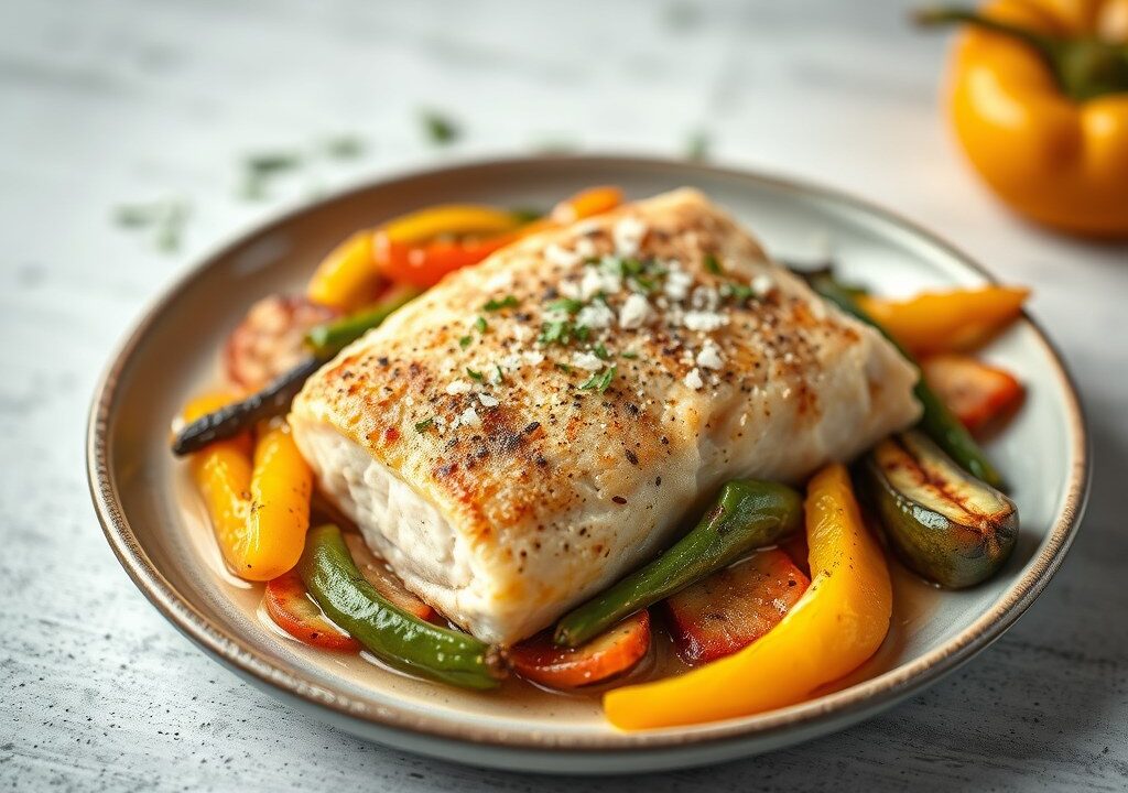 Zalmfilet met gebakken gekruide groenten en gedroogde abrikozen, AI-gegenereerde illustratie