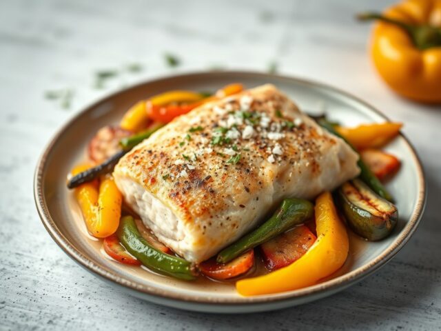 Zalmfilet met gebakken gekruide groenten en gedroogde abrikozen — AI-gegenereerde illustratie