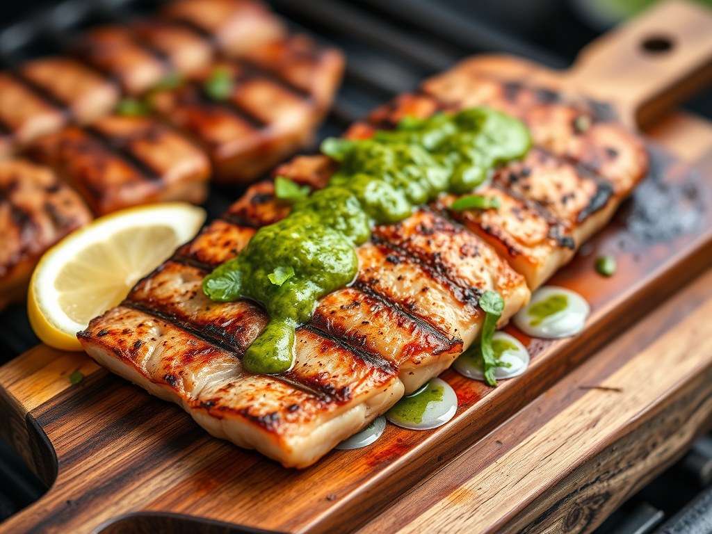 Zalmfilet op een plank gegrild met kruidenpesto, AI-gegenereerde illustratie