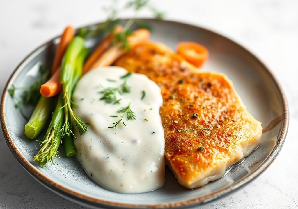 Zalmfilets met mosterd-dille saus — AI-gegenereerde illustratie