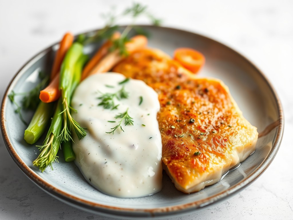 Zalmfilets met mosterd-dille saus, AI-gegenereerde illustratie
