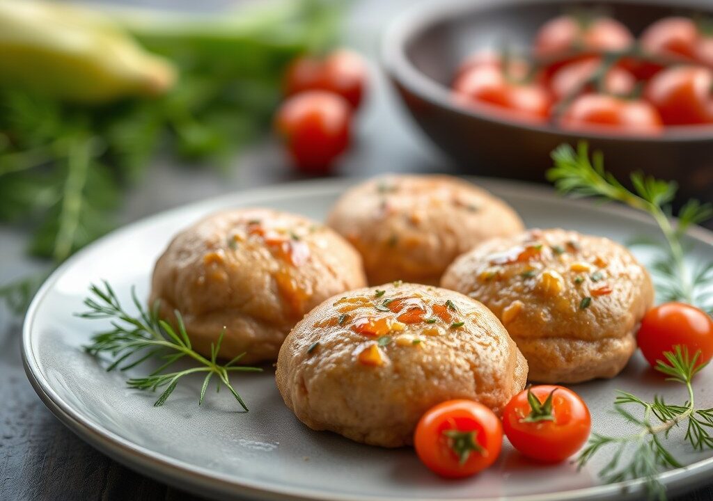 Zalmpakketjes met savooikool en kerstomaten — AI-gegenereerde illustratie