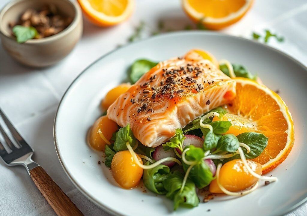 Zalmsalade met sinaasappeldressing, AI-gegenereerde illustratie