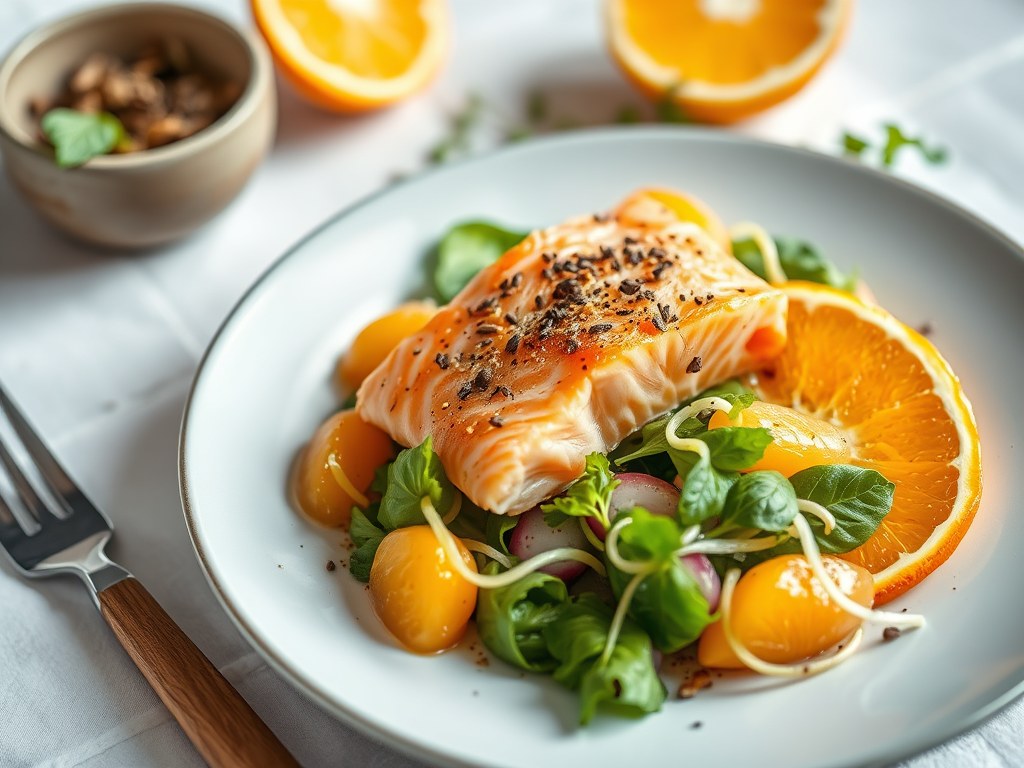 Zalmsalade met sinaasappeldressing, AI-gegenereerde illustratie