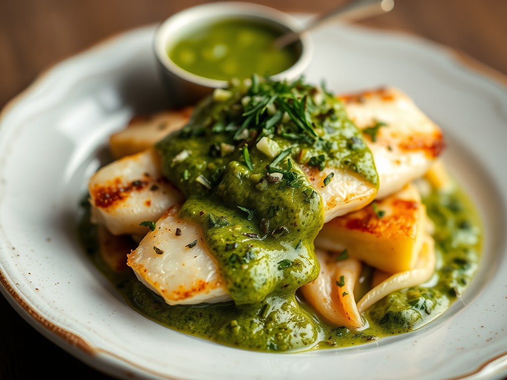 Zeebaars met Groene Saus (Salsa Verde), AI-gegenereerde illustratie