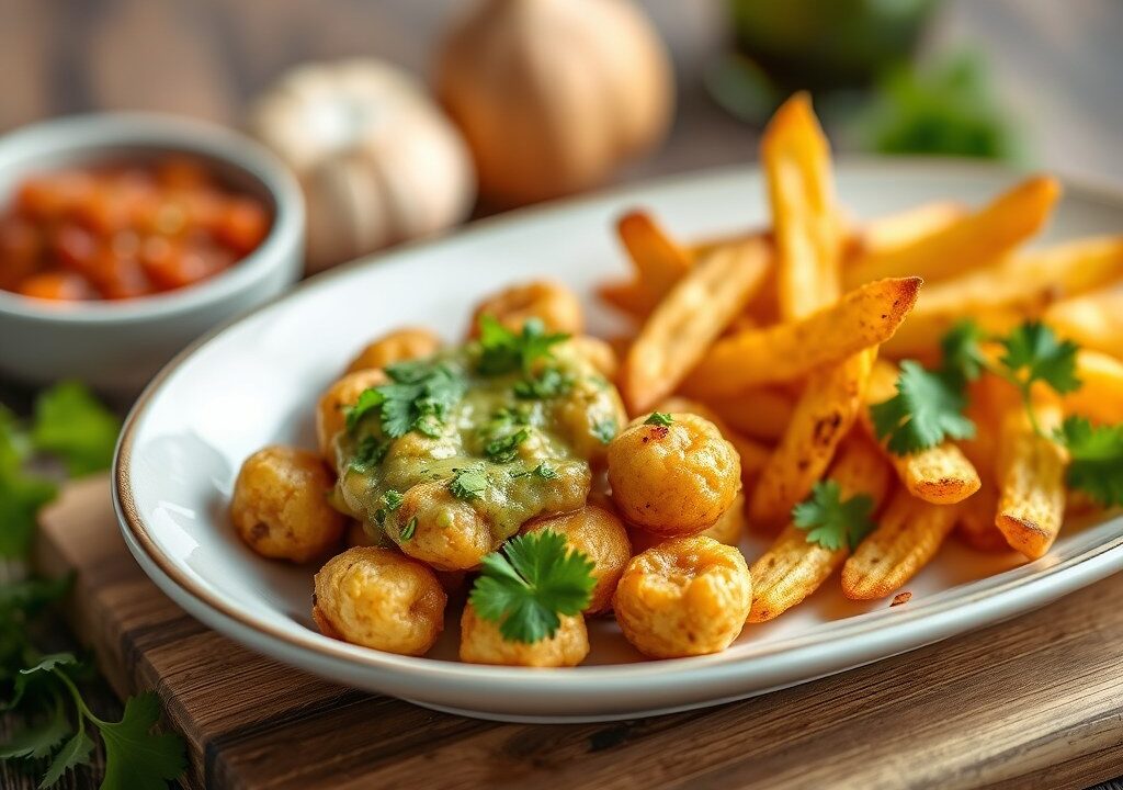 Zeebaars met knoflookchips en groentesalsa, AI-gegenereerde illustratie