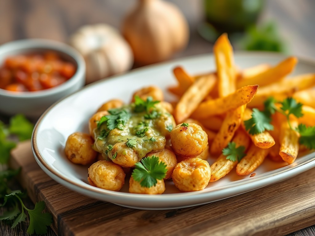 Zeebaars met knoflookchips en groentesalsa, AI-gegenereerde illustratie