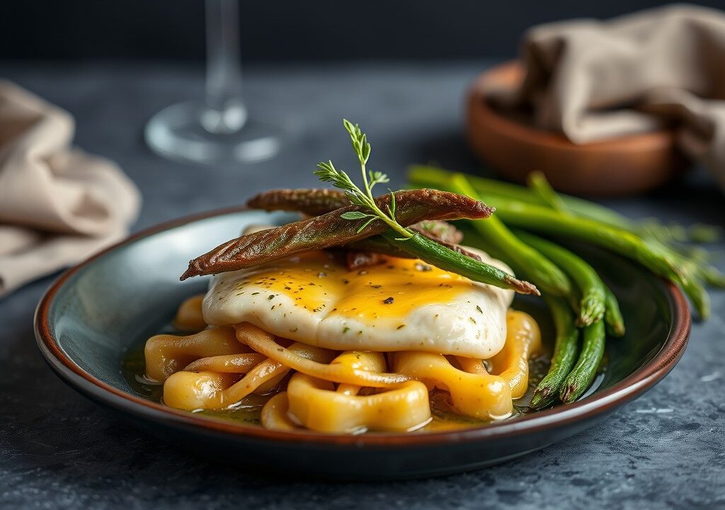 Zeebaars met langoestines en asperges — AI-gegenereerde illustratie