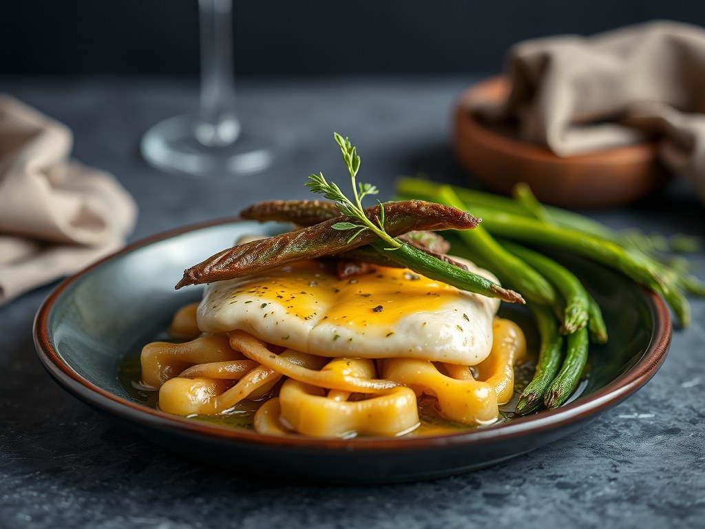 Zeebaars met langoestines en asperges, AI-gegenereerde illustratie