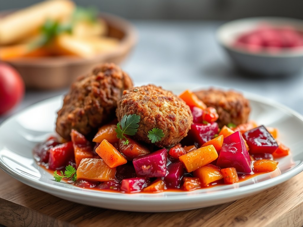 Zeebaars met ratatouille van rode biet, AI-gegenereerde illustratie
