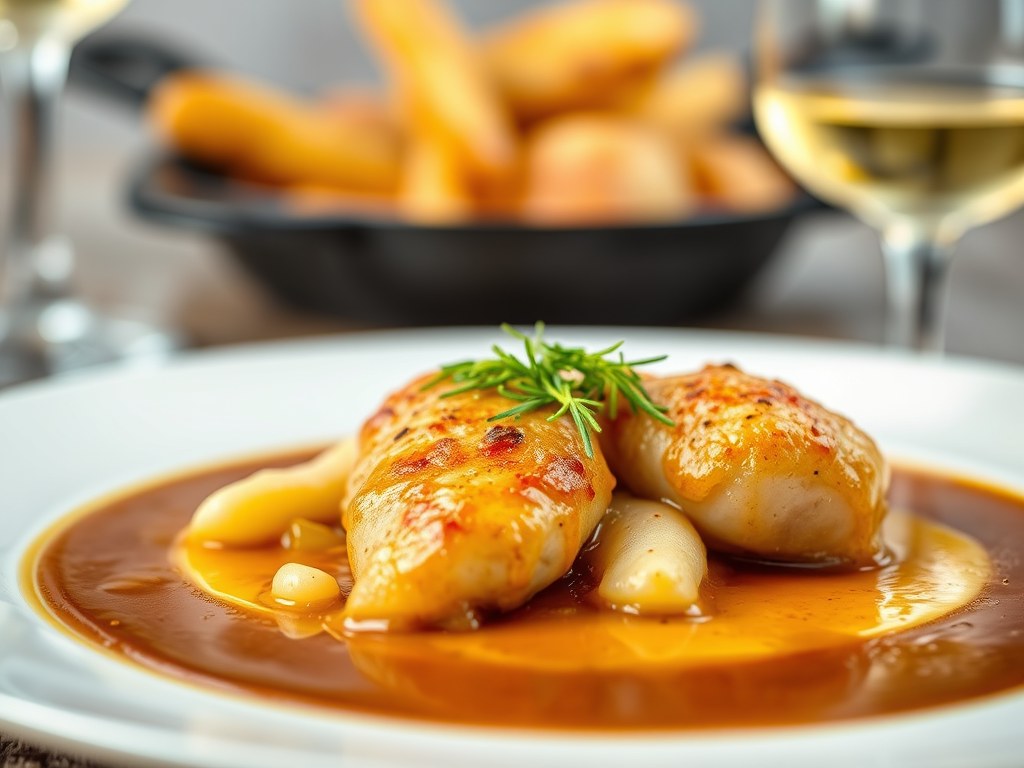 Zeebaars met venkel en sherry-saus, AI-gegenereerde illustratie