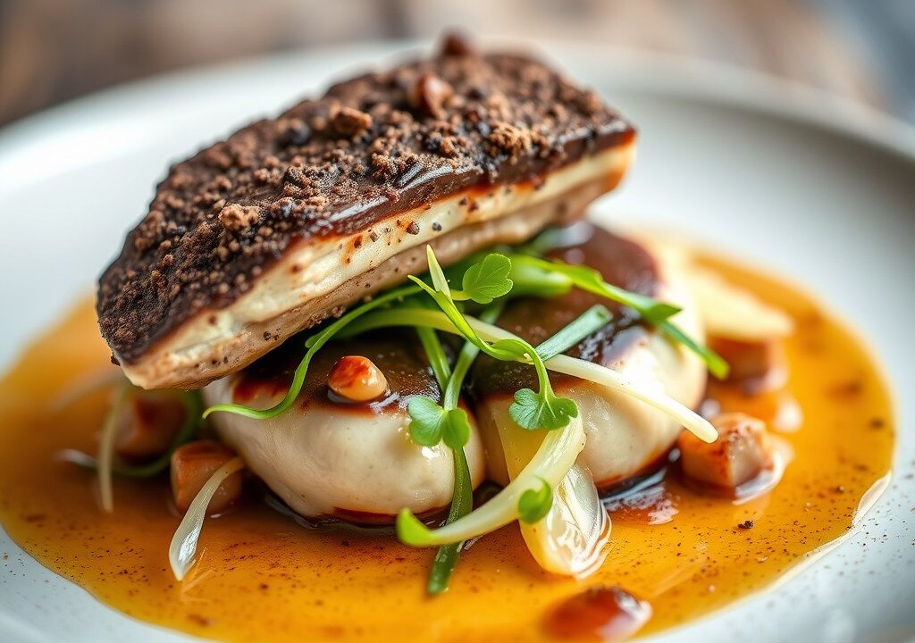 Zeebaars met venkel salade, geroosterde asperges en chorizo vinaigrette — AI-gegenereerde illustratie