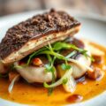 Zeebaars met venkel salade, geroosterde asperges en chorizo vinaigrette