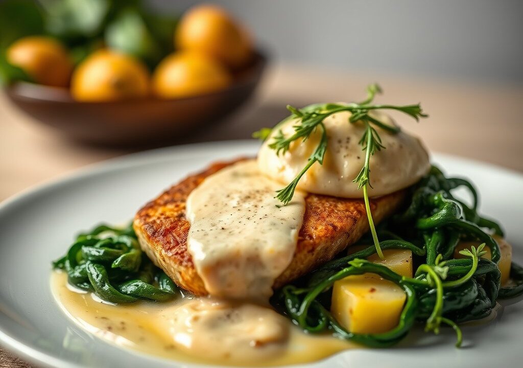 Zeebaarsfilet met aardappelmousseline en gestoofde spinazie — AI-gegenereerde illustratie