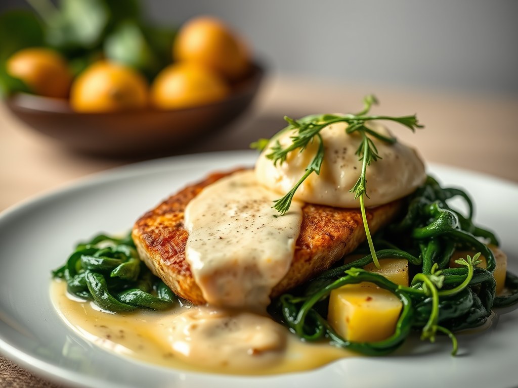 Zeebaarsfilet met aardappelmousseline en gestoofde spinazie, AI-gegenereerde illustratie