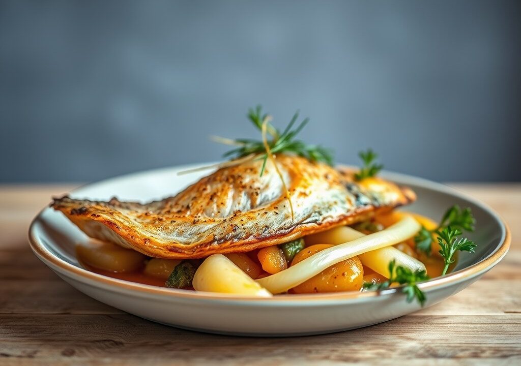 Zeebarbeel met lookpuree, venkel en bouillabaissejus, AI-gegenereerde illustratie