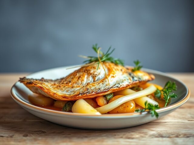 Zeebarbeel met lookpuree, venkel en bouillabaissejus — AI-gegenereerde illustratie