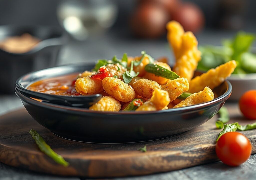 Zeebarbeel met vinaigrette italienne en tempura van groene asperges, AI-gegenereerde illustratie