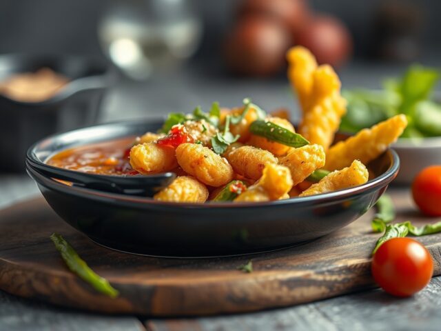 Zeebarbeel met vinaigrette italienne en tempura van groene asperges — AI-gegenereerde illustratie