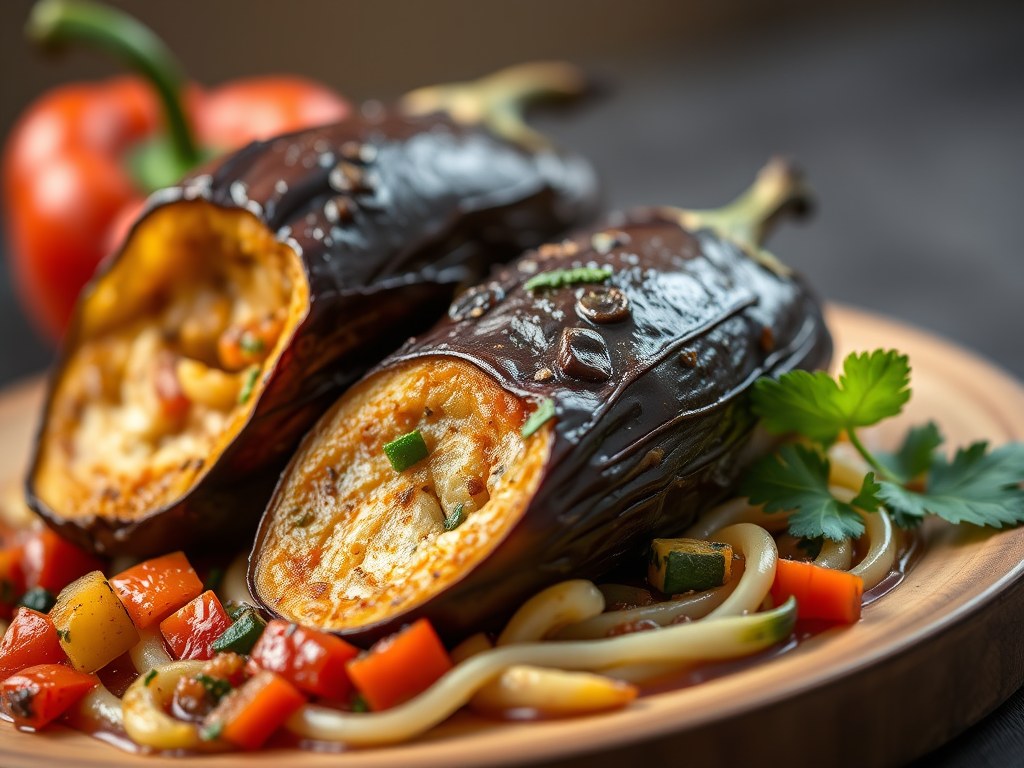 Zeeduivel met een ratatouille van aubergine, courgette en paprika, AI-gegenereerde illustratie