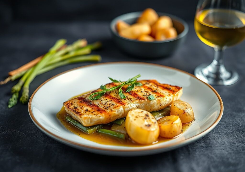 Zeewolf in tartuffiakorst met gebakken groene asperges in balsamico-vinaigrette, AI-gegenereerde illustratie