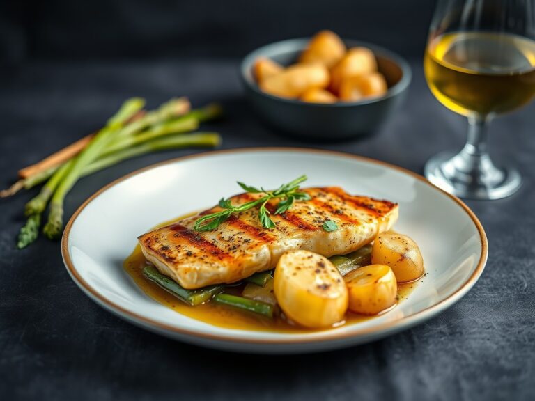 Zeewolf in tartuffiakorst met gebakken groene asperges in balsamico-vinaigrette — AI-gegenereerde illustratie
