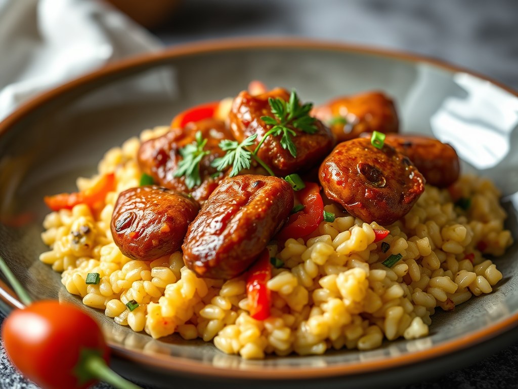 Zeewolf met saffraanrisotto, courgettes, gekonfijte paprika’s en chorizosaus, AI-gegenereerde illustratie