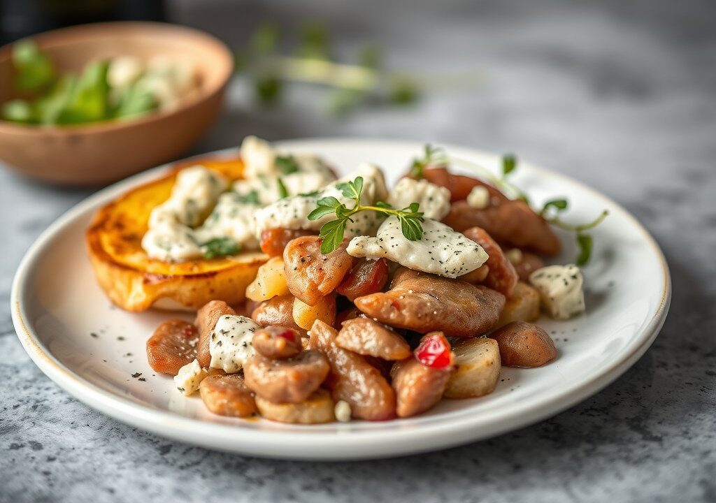 Zesrib met gorgonzola en aardappelblini’s, AI-gegenereerde illustratie