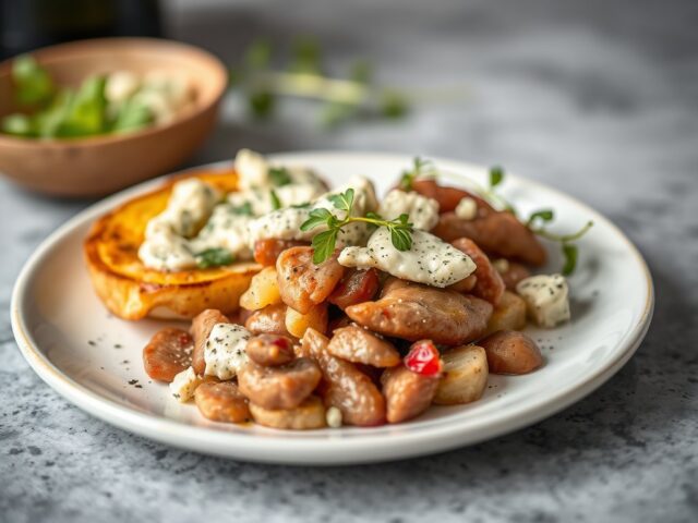 Zesrib met gorgonzola en aardappelblini’s — AI-gegenereerde illustratie