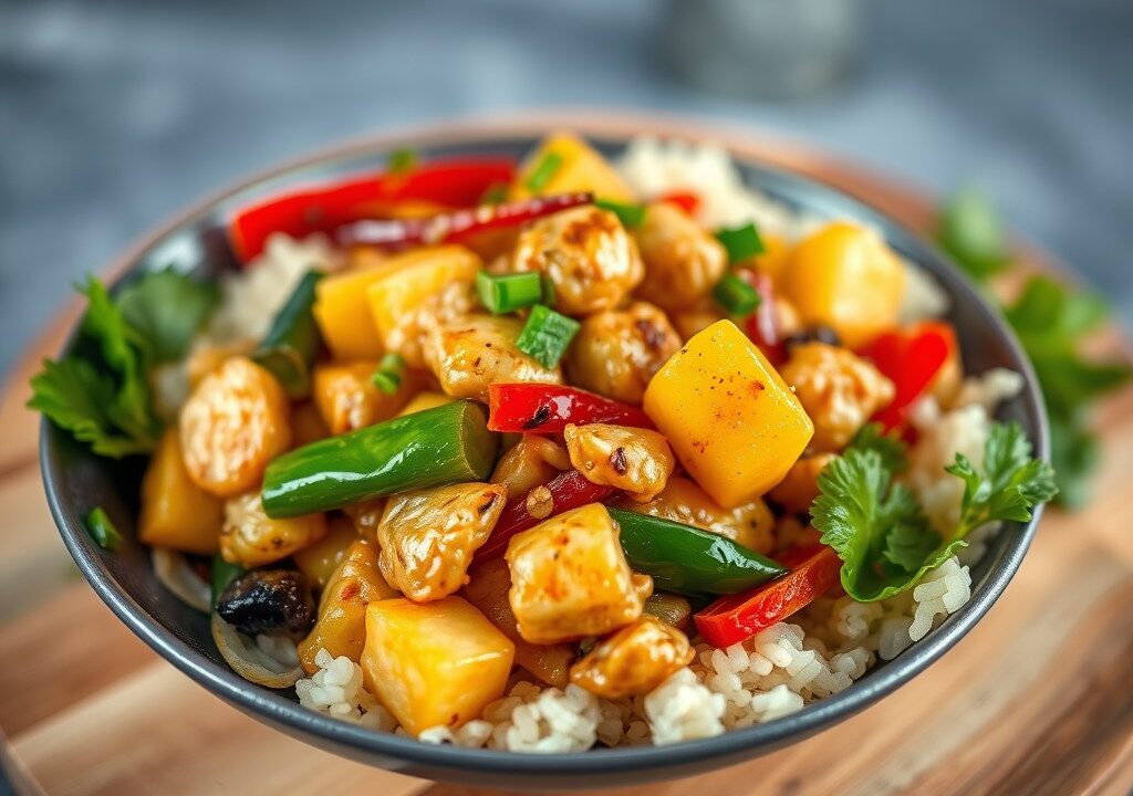 Zoet-zure Quorn met ananas en paprika — AI-gegenereerde illustratie