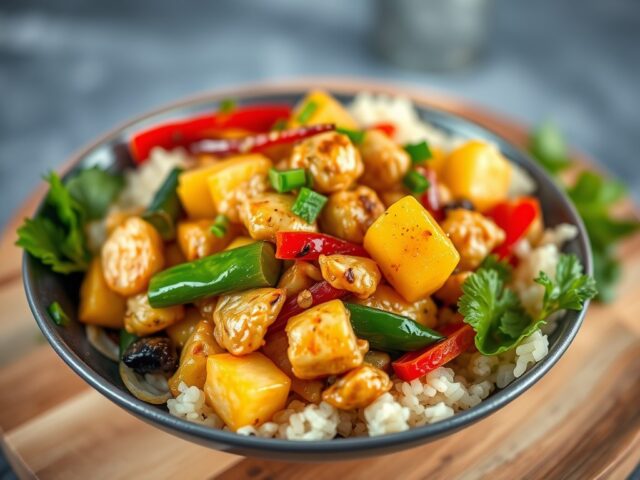 Zoet-zure Quorn met ananas en paprika — AI-gegenereerde illustratie