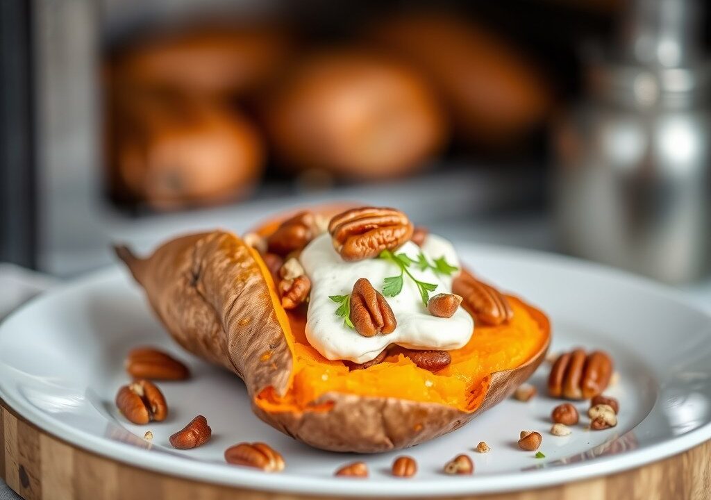 Zoete aardappel uit de oven met pecannoten — AI-gegenereerde illustratie