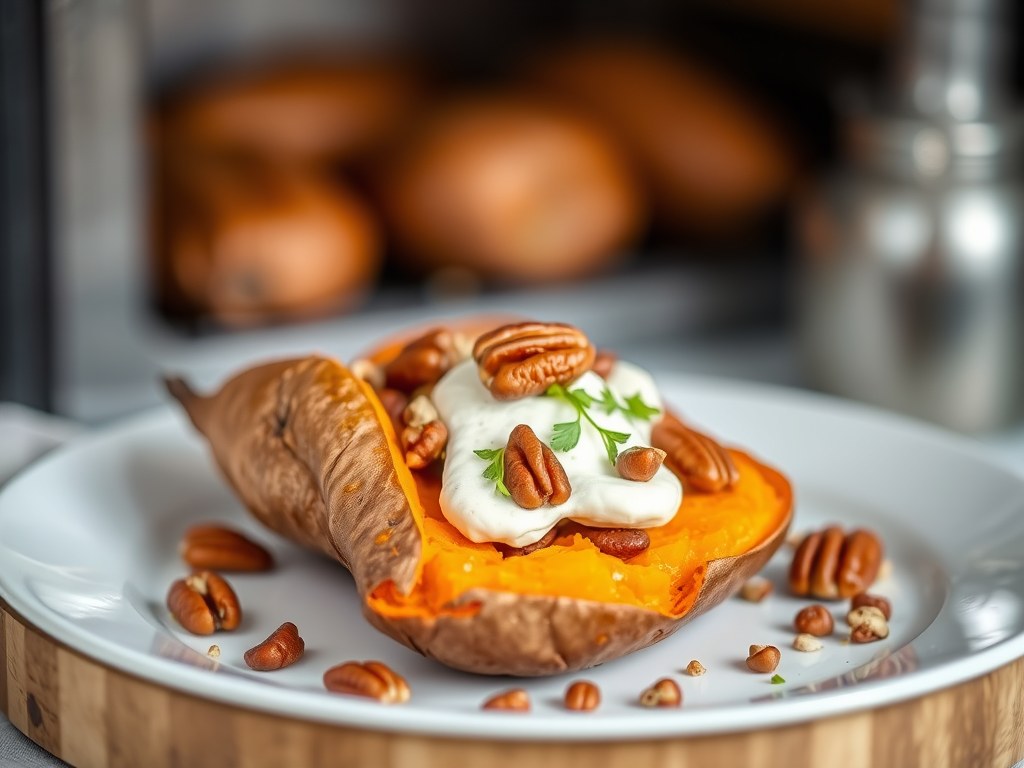 Zoete aardappel uit de oven met pecannoten, AI-gegenereerde illustratie