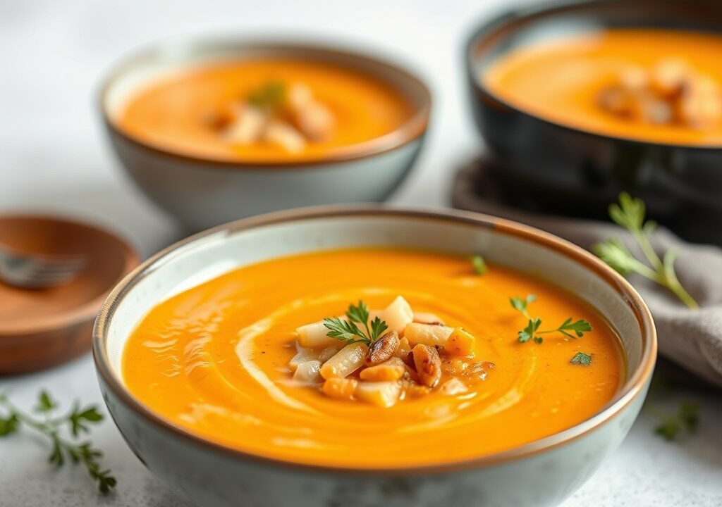 Zoete aardappelsoep met gebakken maïs, AI-gegenereerde illustratie