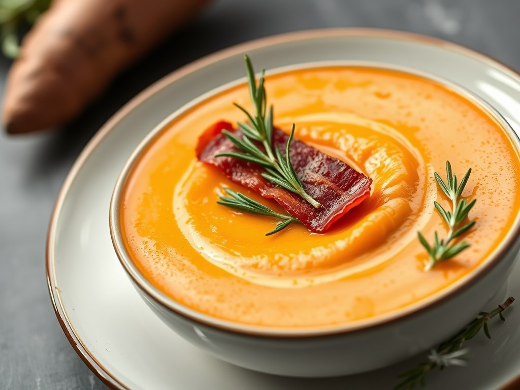 Zoete aardappelsoep met spekjes, AI-gegenereerde illustratie