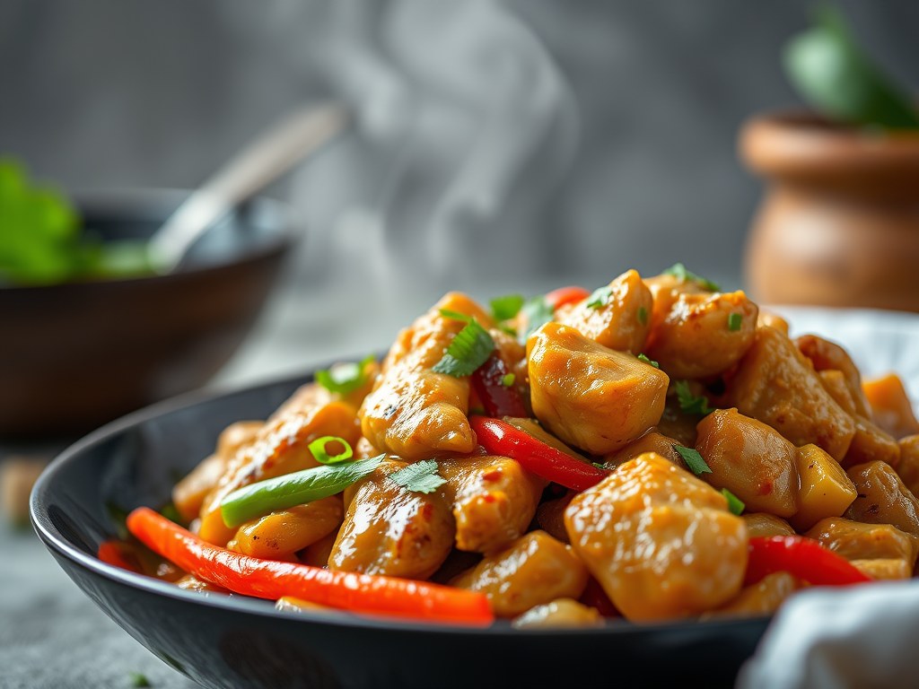 Zoetzure kip met wokgroenten, AI-gegenereerde illustratie