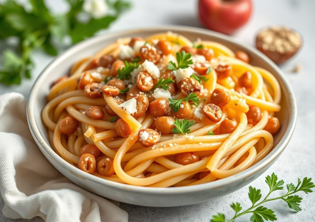 Zomerpasta met Breydelham, boontjes en pijnappelpitten — AI-gegenereerde illustratie