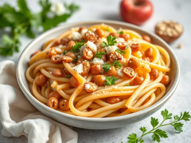 Zomerpasta met Breydelham, boontjes en pijnappelpitten — AI-gegenereerde illustratie