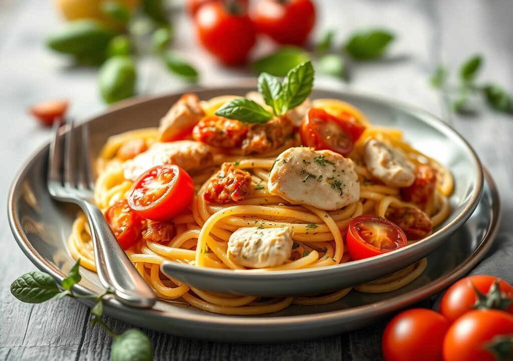 Zomerpasta met kip en tomaat, AI-gegenereerde illustratie