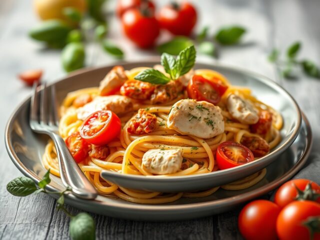 Zomerpasta met kip en tomaat — AI-gegenereerde illustratie