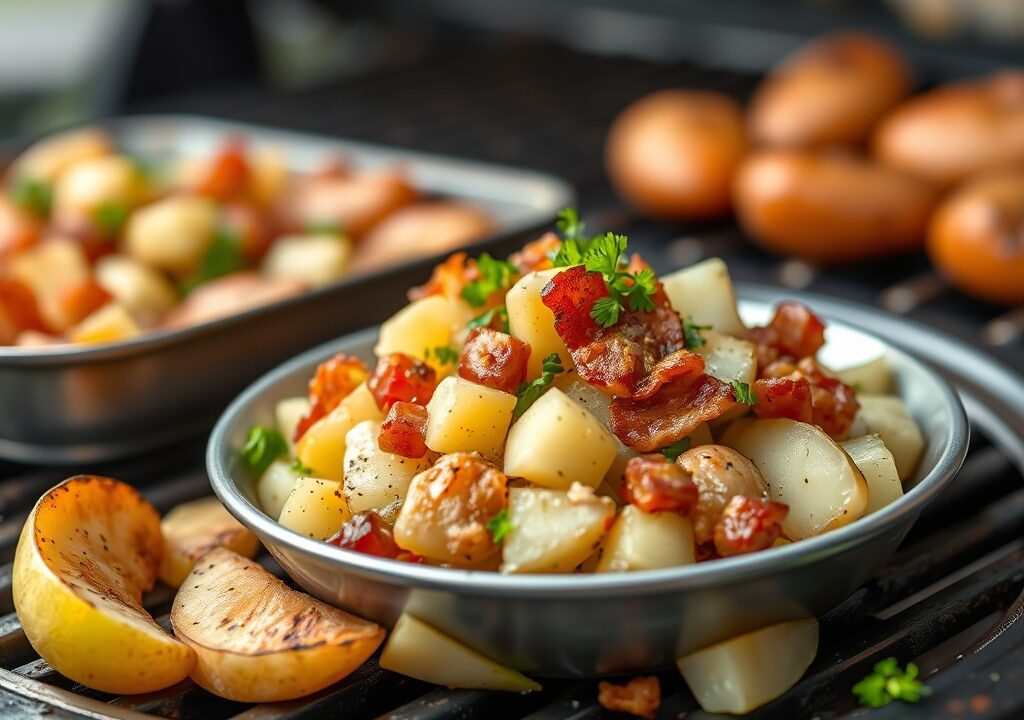 Zomerse aardappelsalade met spekjes, AI-gegenereerde illustratie